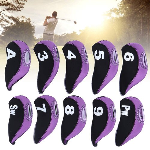 Chazcool Number Print Golf Iron Club Head Covers,10Pcs Neoprene Head Cover, Number Golf Club Irons Covers, Black Purple