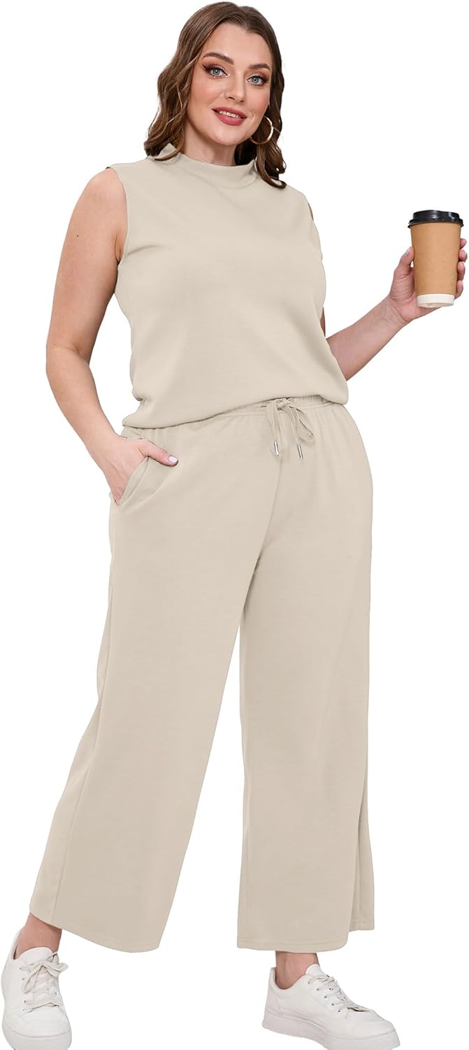 SAMPEEL Two-Piece Summer Sets for Women - Mock Neck Tops & Wide Leg Crop Pants | Perfect for Vacation Travel