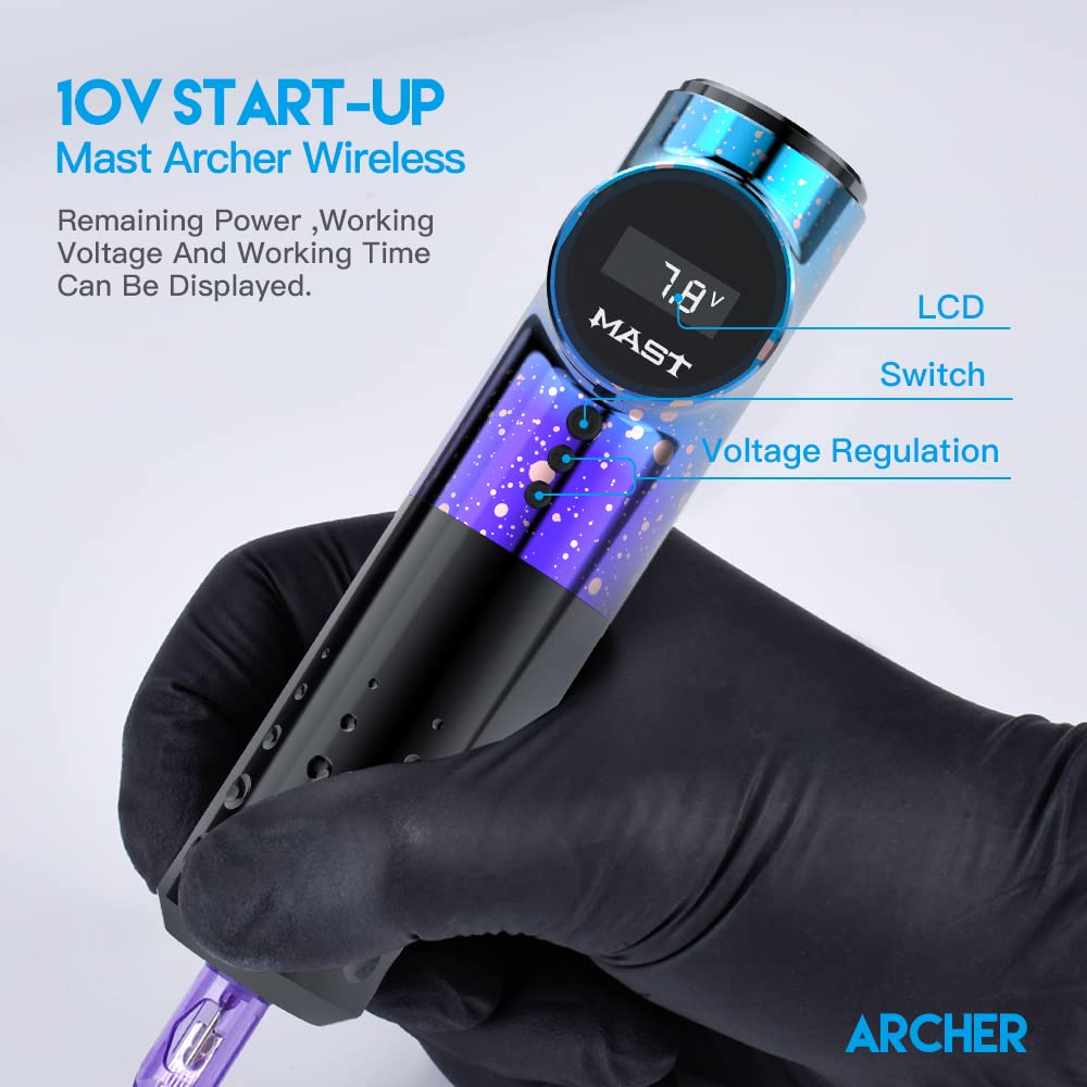 Mast Archer Wireless Tattoo Machine Rotary Tattoo Gun Pen Style Supply Coreless Motor 2,000mAh Battery Power 4.2mm Stroke Black