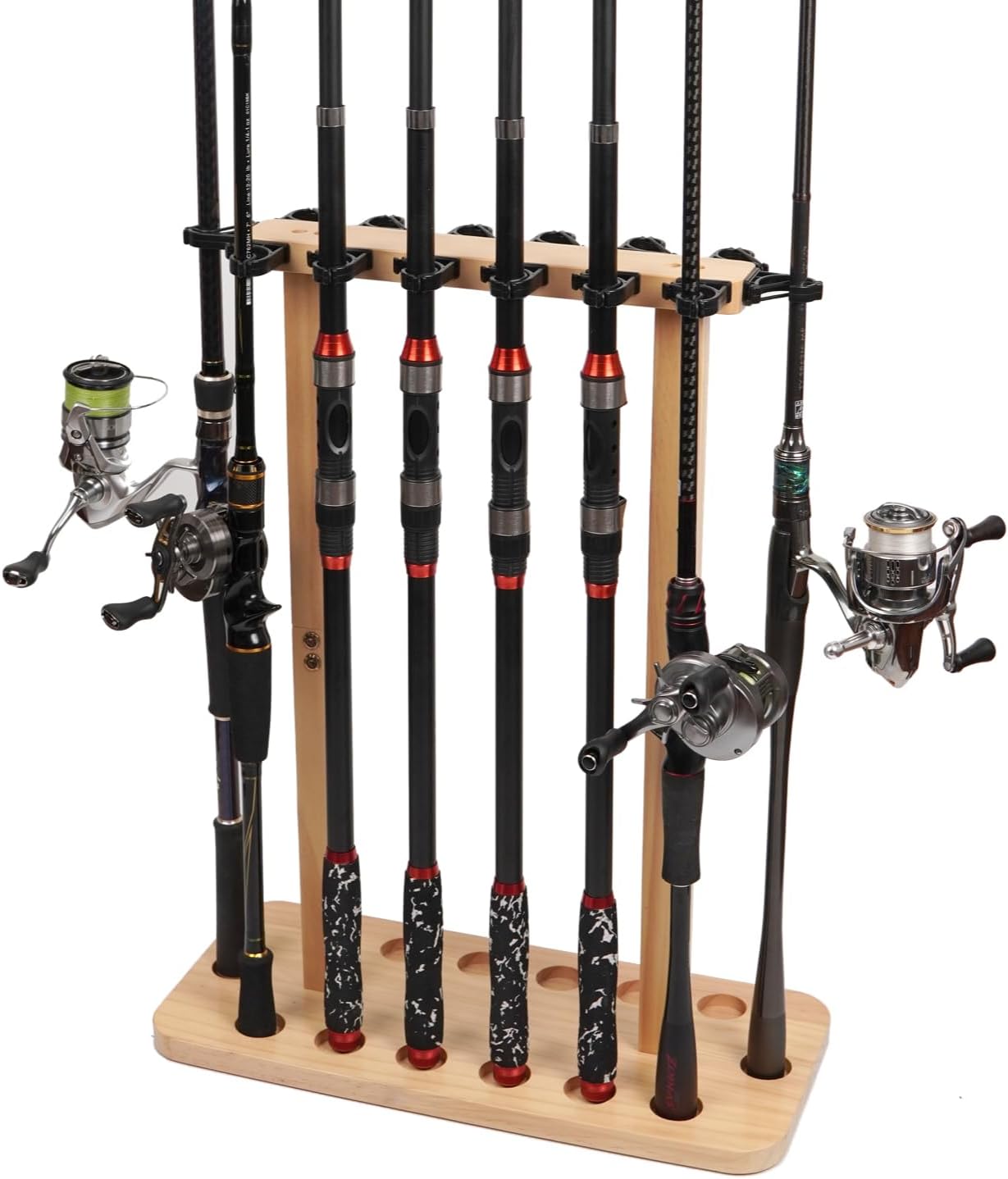 Skiennix Fishing Rod Storage Rack - 100% Wood Floor Stand for 14 Rods or Combos | Garage Organizer