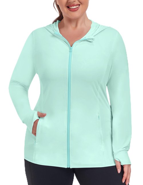 COOTRY Women's Plus Size UPF 50+ Sun Protection Jacket Lightweight Long Sleeve Zip Up Hoodie Cooling Sun Shirt Hiking Workout Green 4XL