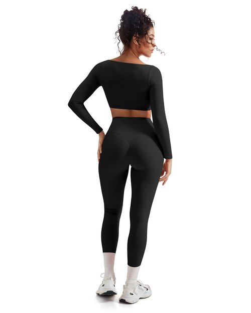 SUUKSESS Women 2 Piece Workout Sets Compression Yoga Pants with Pockets Long Sleeve Square Neck Padded Sports Bra Tummy Control Leggings (Black, M)