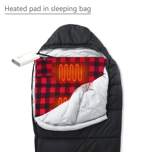 MANTUOLE Heated Sleeping Bag pad, 5 Heating Zones, Operated by 5V/2A USB Power Supply (Battery NOT Included). Black & Red Flannel