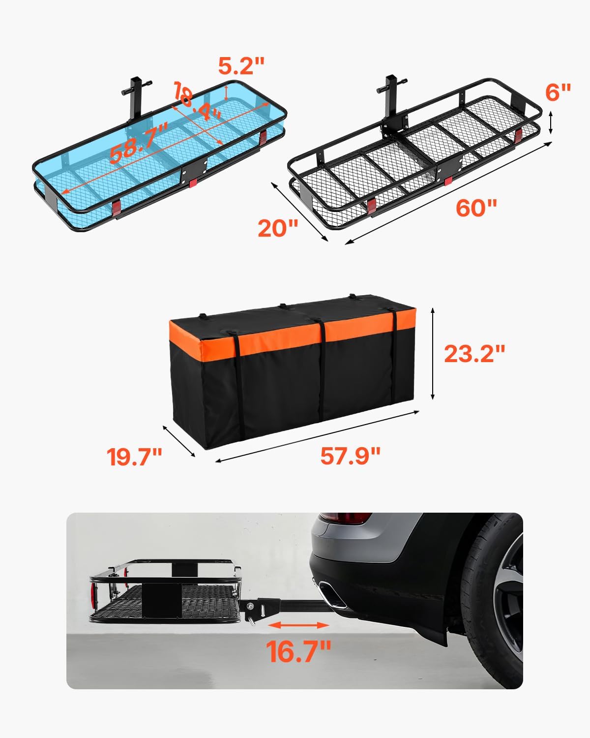 VEVOR Hitch Cargo Carrier - 500 lbs Capacity with Waterproof Cargo Bag & Net | 60"x20"x6" for SUVs