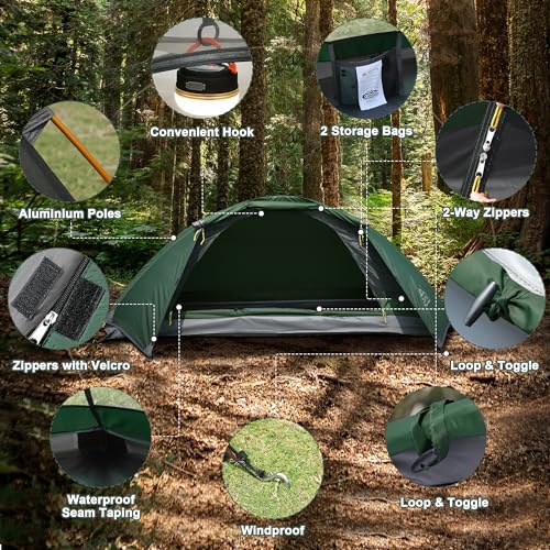 Camppal 1 Person Green Tent – 4-Season Waterproof Windproof Hiking & Camping Shelter