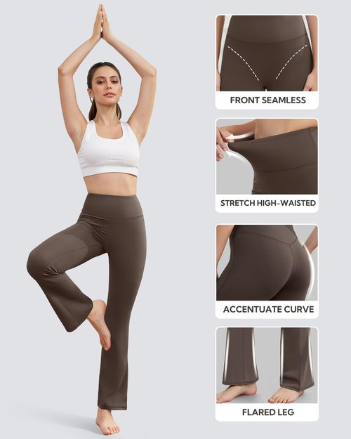 AB-Eleven Yoga Pants for Women High Waisted Flare Leggings Bell Bottom Leggings Front Seamless Flared Workout Pants Tummy Control Brown