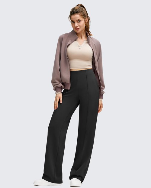 G4Free Women's Fleece Lined Wide Leg Pants Hidden Waist Front Seam Thermal Trousers with Pockets (Black,M,29")