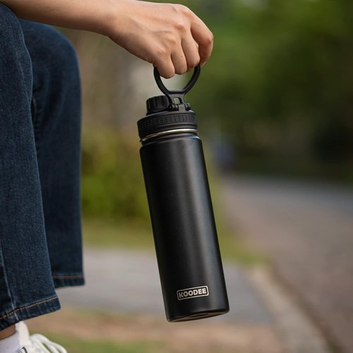 Koodee 16 Oz Stainless Steel Water Bottle - Double Wall Vacuum Insulated | Leakproof Spout Lid (Black)