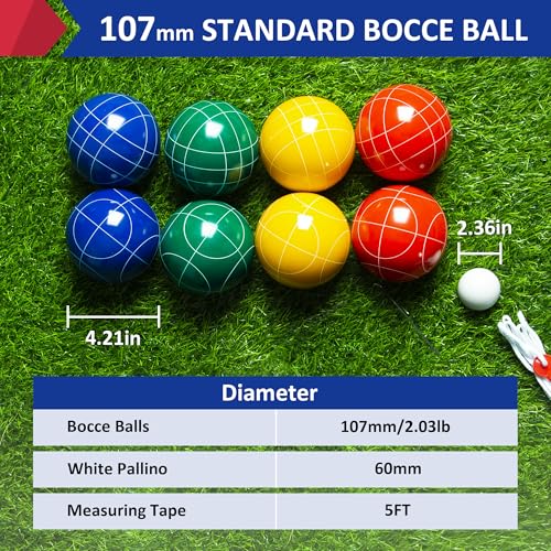 Outdoor Bocce Ball Set 107mm Regulation Size & Weight with 8 Resin Balls, Pallino & Carrying Case - Bright Colors