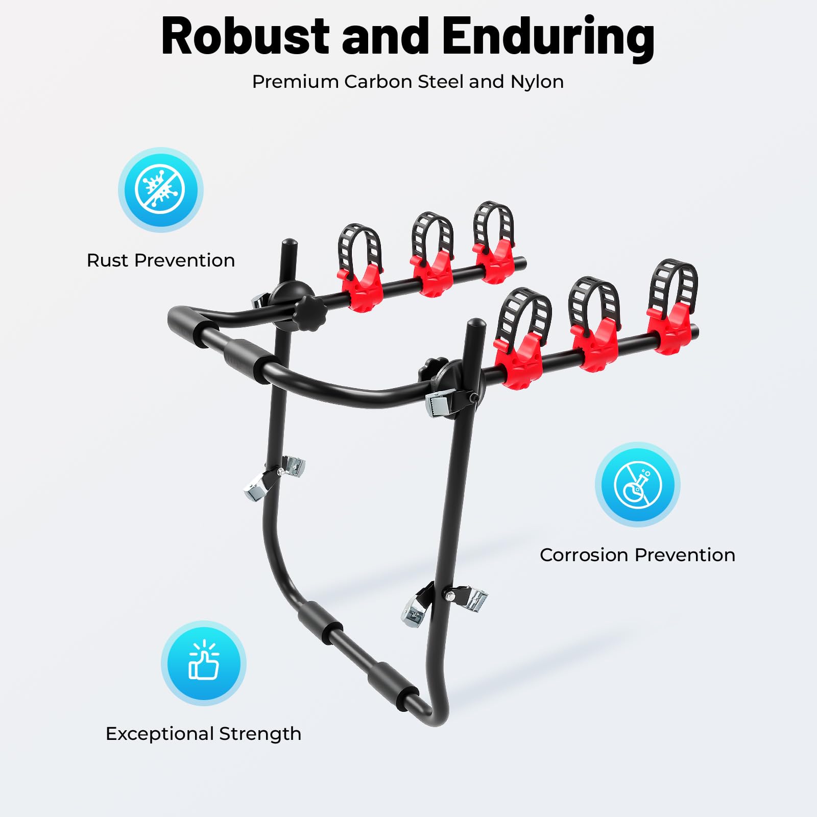 DOONARCES Car Bicycle Rack 3-Bike, Vehicle Trunk Mount Bike Rack F Frame Foldable Bicycle Carrier Holder for Most Cars SUV Sedan Hatchback Minivan, 88lbs Load, Black+Red