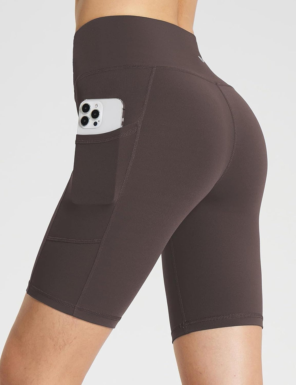 Baleaf Women's High-Waisted Spandex Biker Shorts - 8" Compression Workout Shorts with Pockets in Brown