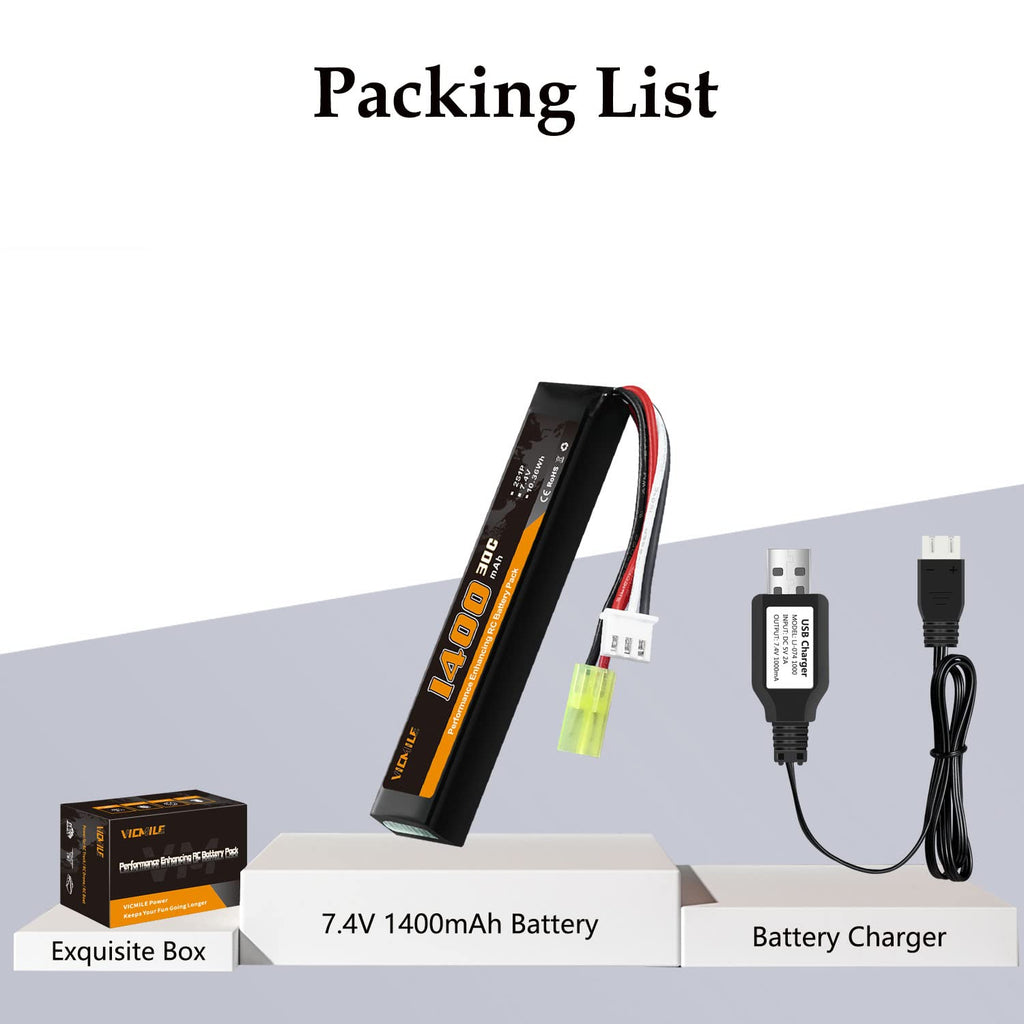VICMILE Airsoft Battery 1400mAh 7.4V Lipo Battery with Tamiya Plug 30C High Discharge Rate Rechargeable 2S Lipo Battery for Airsoft Model Guns