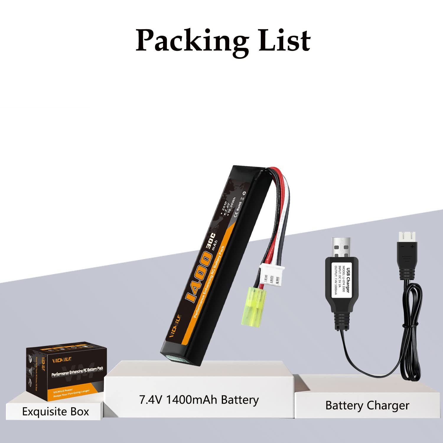 VICMILE Airsoft Battery 1400mAh 7.4V Lipo Battery with Tamiya Plug 30C High Discharge Rate Rechargeable 2S Lipo Battery for Airsoft Model Guns