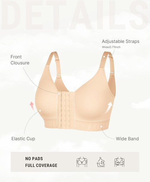 FeelinGirl Post-Surgery Bras - Wireless Full Coverage Compression Bra for Mastectomy | Front Closure Design