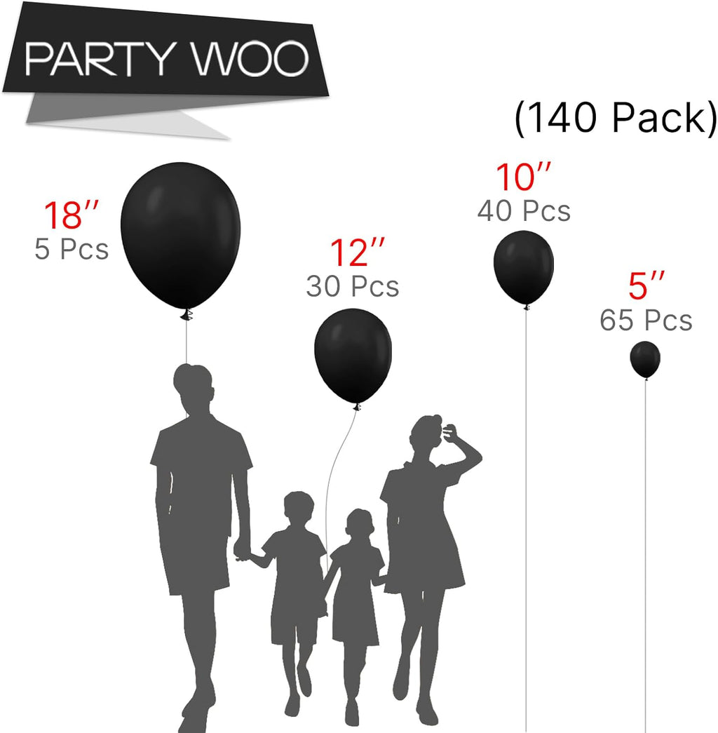 PartyWoo Black Balloons - 140-Piece Arch Kit with Various Sizes for Baby Showers, Birthdays & Anniversaries