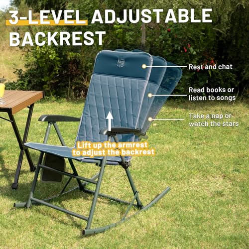 Blue 1 Pack Adjustable Camping Rocking Chair with Padded High Back & Anti-Tip Support