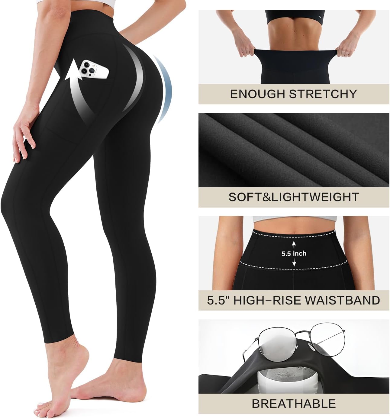 Blisset High Waisted Leggings for Women - Soft Tummy Control with Pockets | 3 Pack for Yoga & Daily Wear