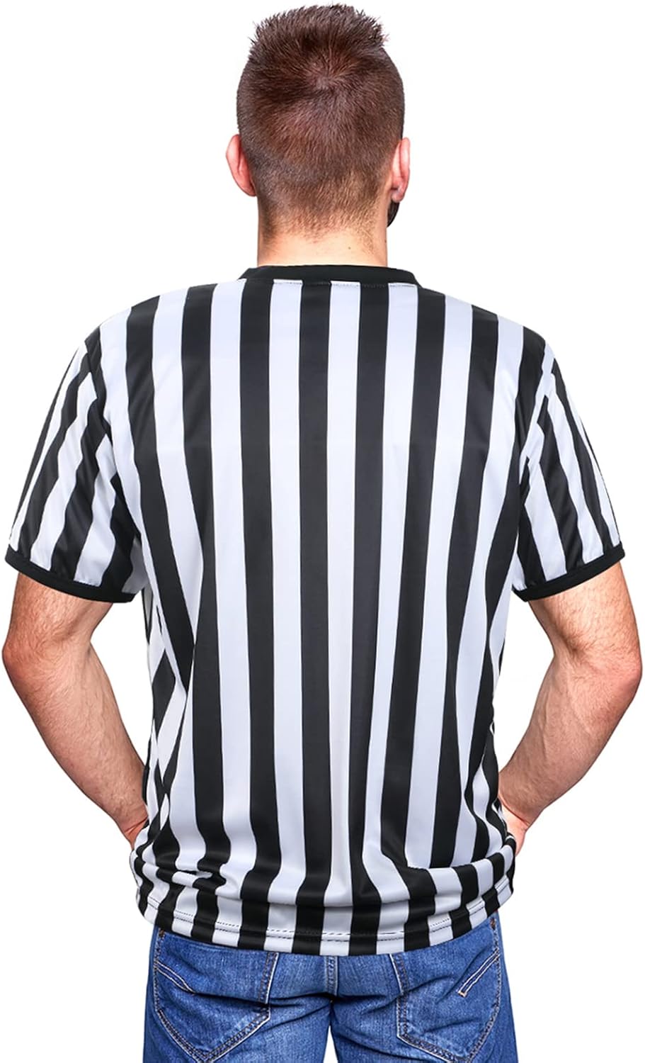 SATINIOR Men's Pro-Style Referee Shirt - Black and White Stripe Umpire Jersey with Whistle & Lanyard