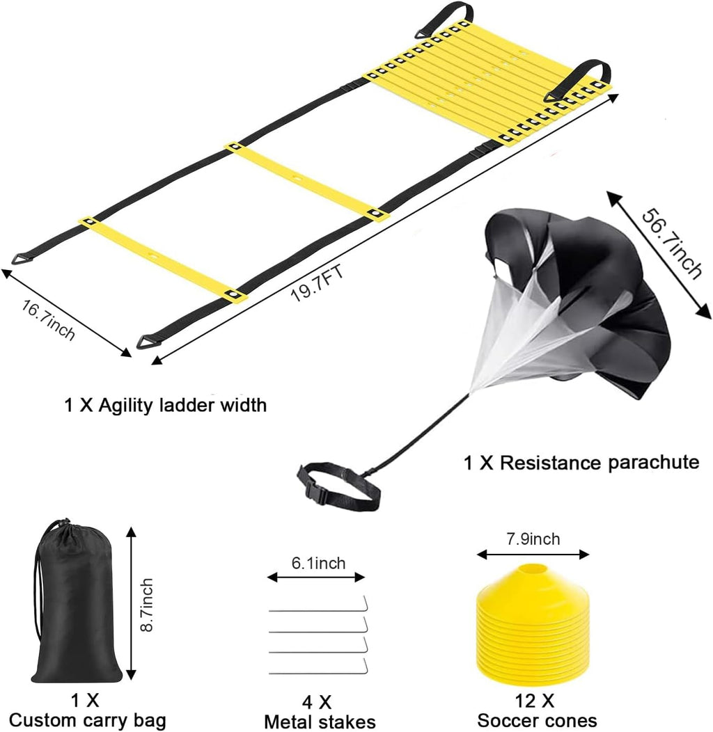 Speed Agility Ladder Training Set - 20Ft Ladder with 12 Rungs, Cones, Parachute & Carry Bag