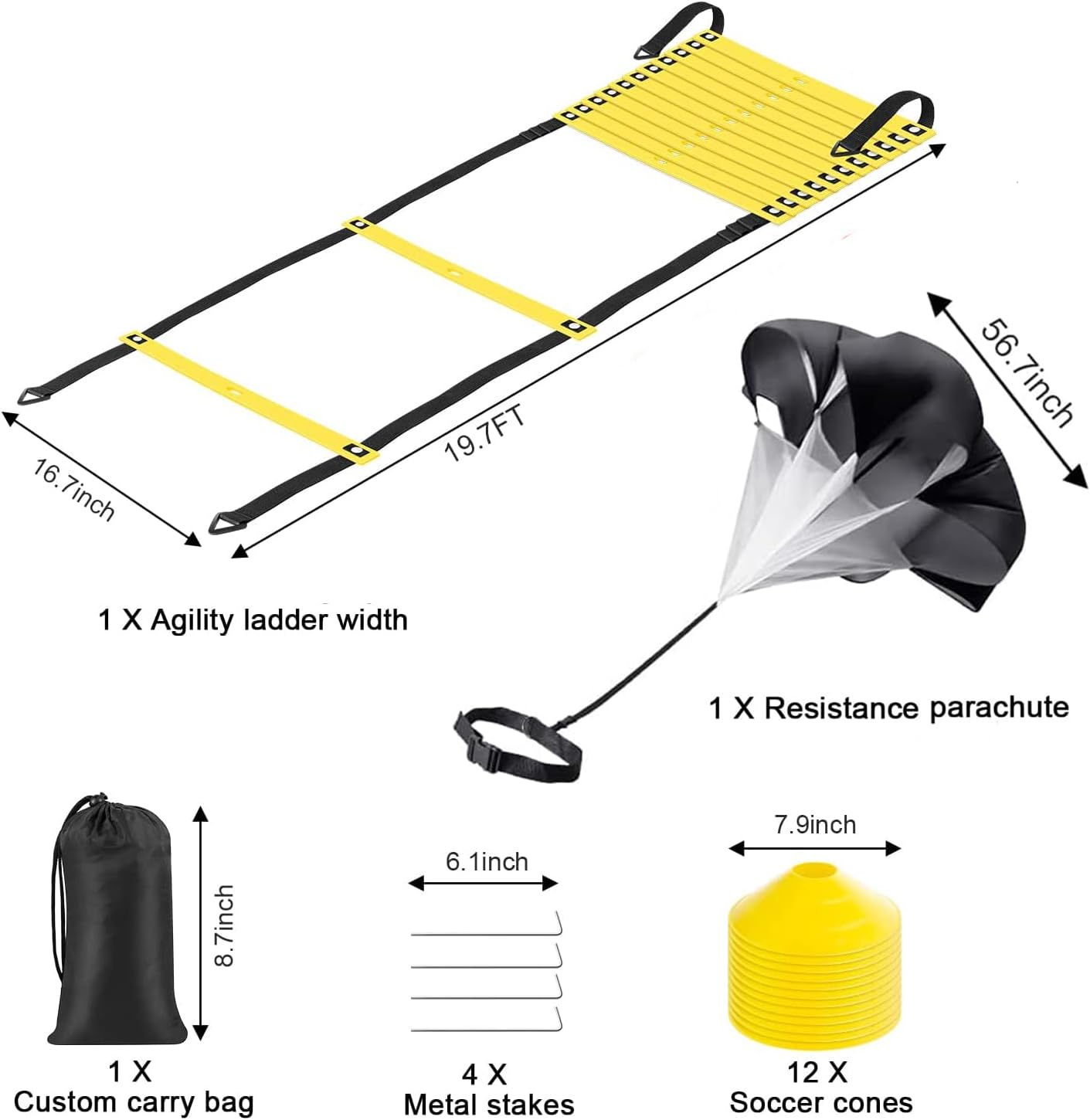 Speed Agility Ladder Training Set - 20Ft Ladder with 12 Rungs, Cones, Parachute & Carry Bag