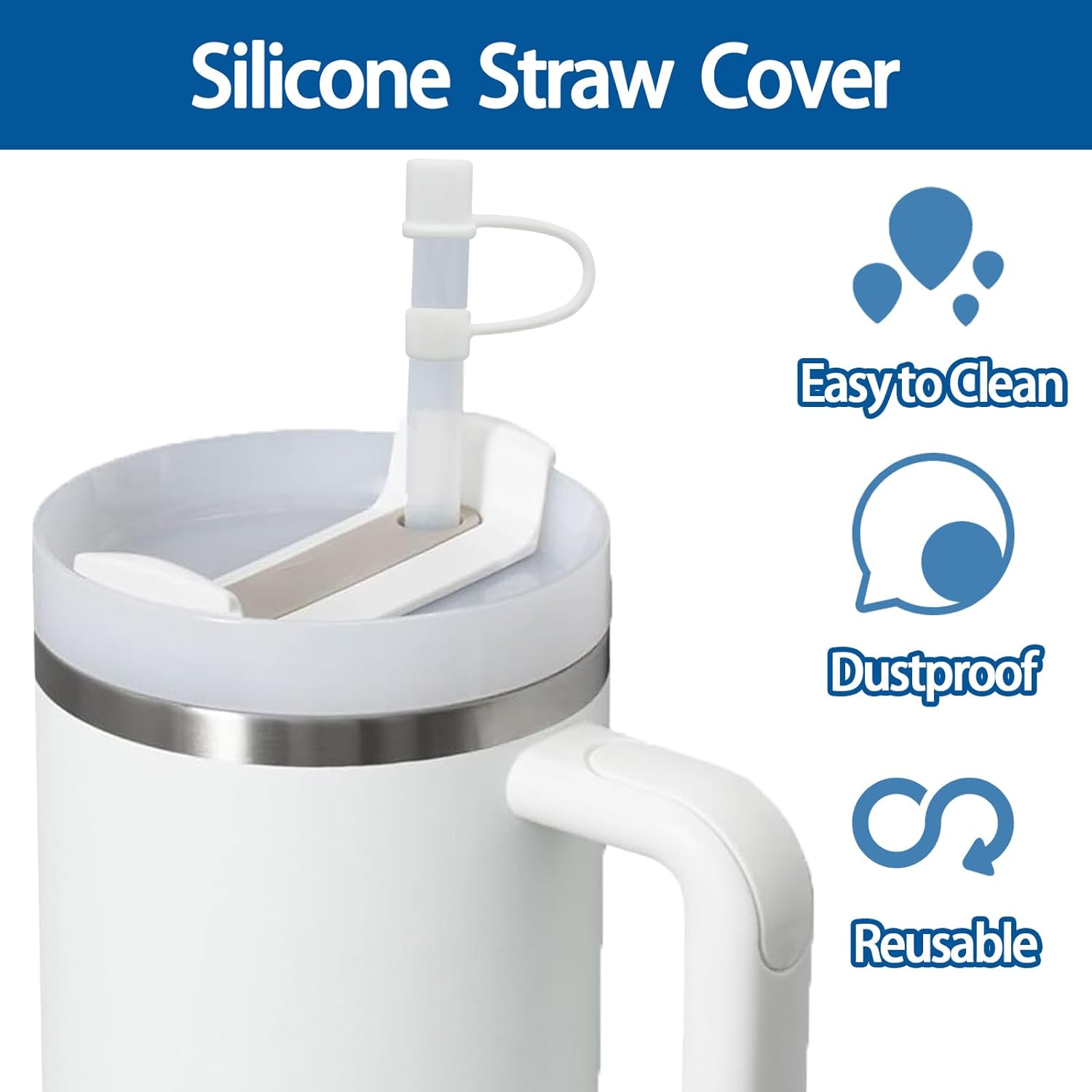 Skiennix Silicone Straw Covers - Dust-Proof Reusable Caps for Stanley Cup 30/40oz Tumblers | 6-Pack, White