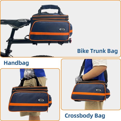 reygeak Bike Rack Bag, 25L Multi-functional Polyester Saddle Trunk Shoulder Panniers for Bicycle, Black Large Capacity Extensible Luggage for Adults, with Rainproof Cover (Blue Orange)