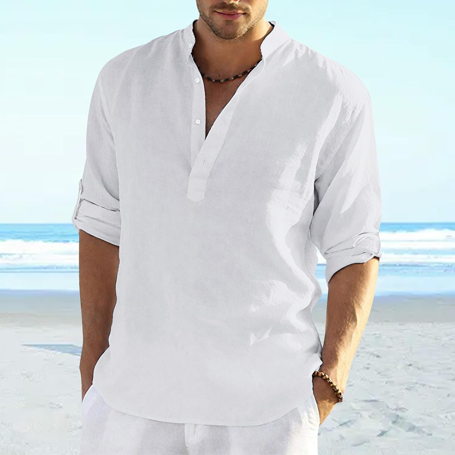 Skiennix Men's Cotton Henley Shirt - Half Sleeve Stand Collar Casual Tee for Summer | Loose Fit, Solid Color