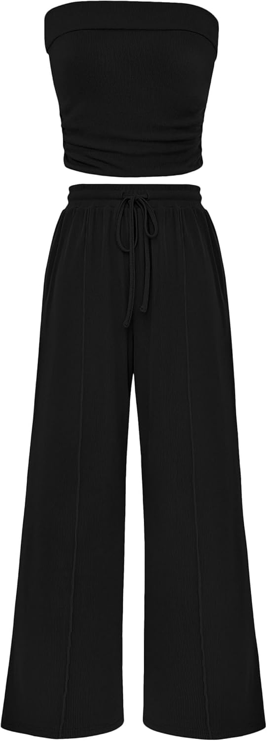 PrettyGarden Women's Summer Outfits - Casual Ribbed Knit Crop Top & Wide Leg Pants Set | Spring Lounge Wear