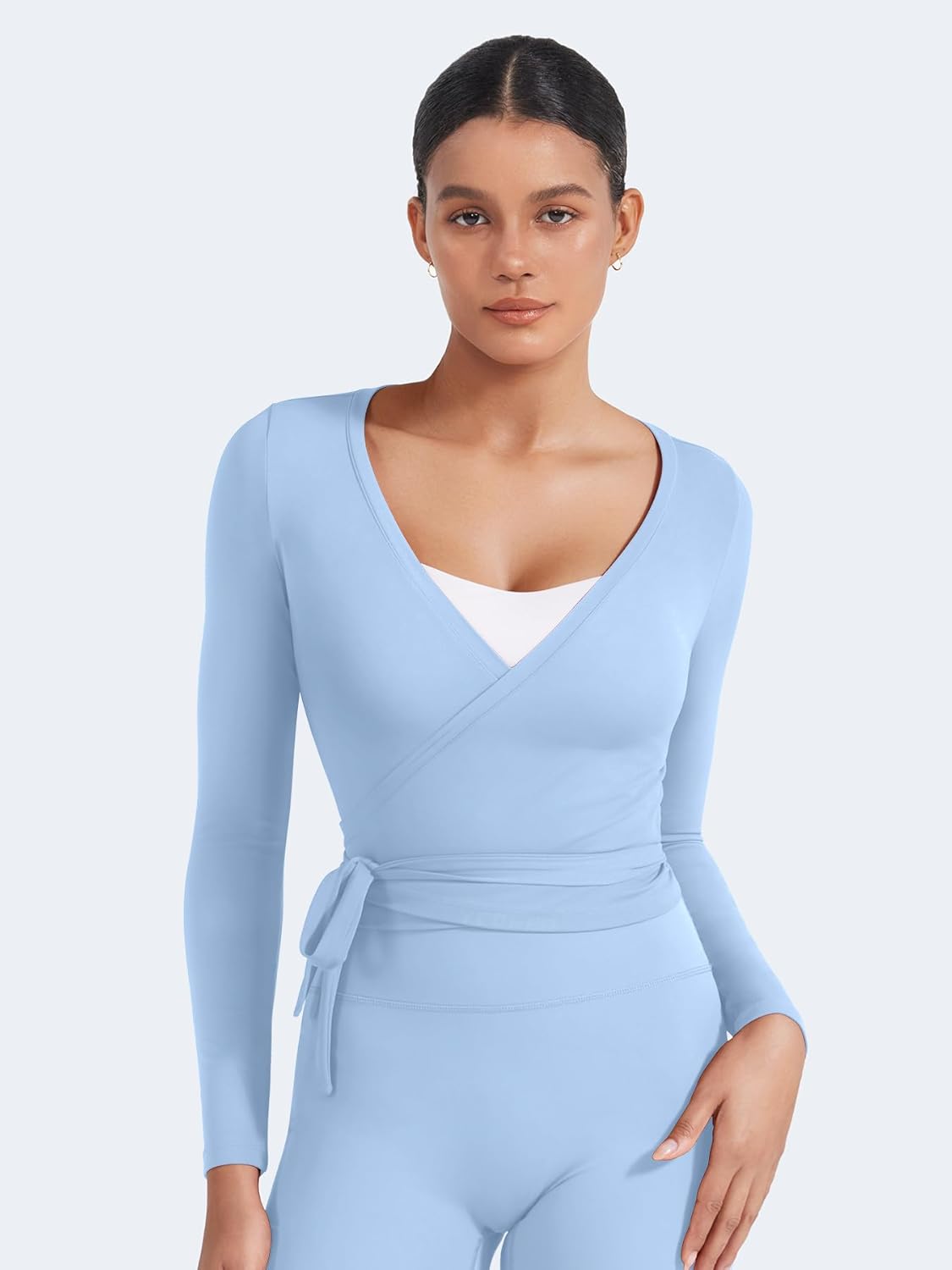 YEOREO Women's Pilates Wrap Top - Long Sleeve Tie Ballet Yoga Shirt | V-Neck Cropped Design