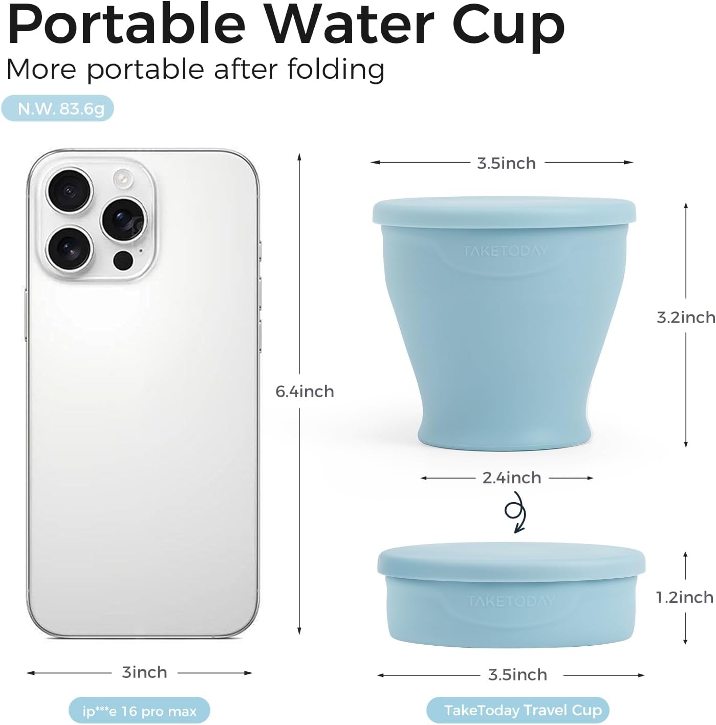 TakeToday Collapsible Travel Cup - 8 oz Silicone Foldable Water Cup with Lid & Waterproof Bag | Blue