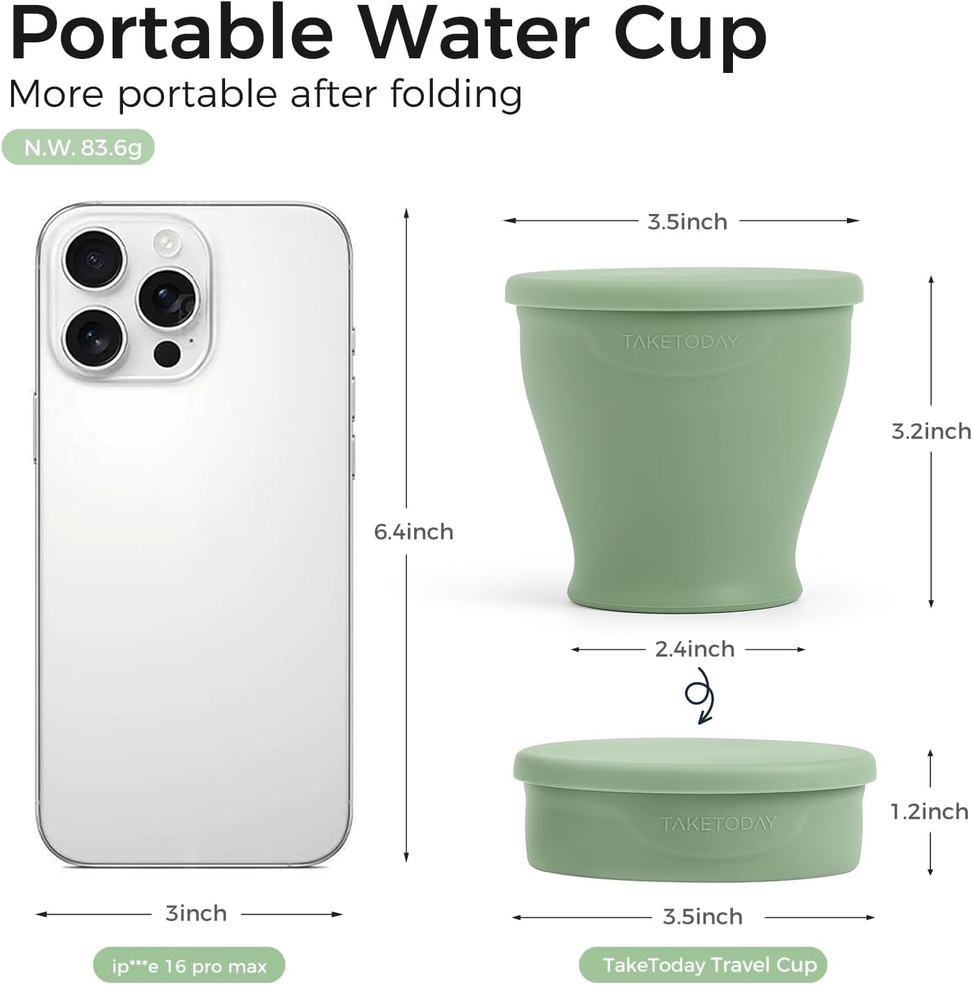 TakeToday Collapsible Travel Cup - 8 oz Silicone Foldable Water Cup with Lid & Waterproof Bag | Green