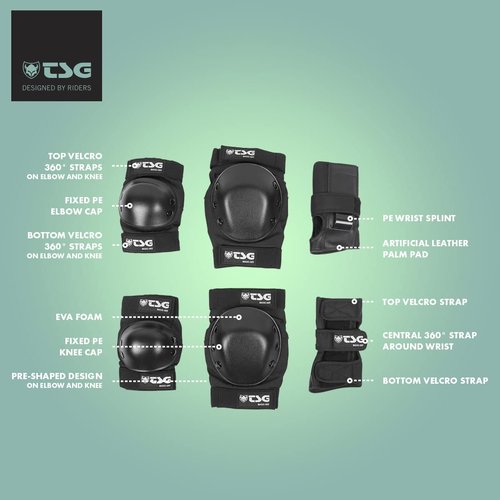 TSG Basic Pad Set, All in One Skateboard Protection Set of Knee Pads, Elbow Pads and Wrist Guards, EVA Cup Foam, PE Caps, Hardshell Protection, Pre Shaped, Horseshoe, Pull Over Design