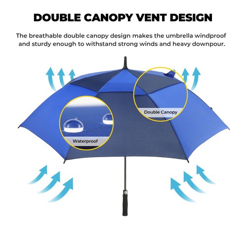 LLanxiry Automatic Open Golf Umbrella 54/62/68/72 Inch, Extra Large Windproof Vented Double Canopy Stick Umbrella, 210T Pongee Waterproof SPF 50+, Fiberglass Ribs Steel Shaft, EVA Grip for Golf & Commute
