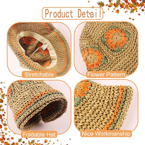 Medium Orange Crochet Straw Sun Hat for Women Wide Brim Beach Cap Summer Holiday