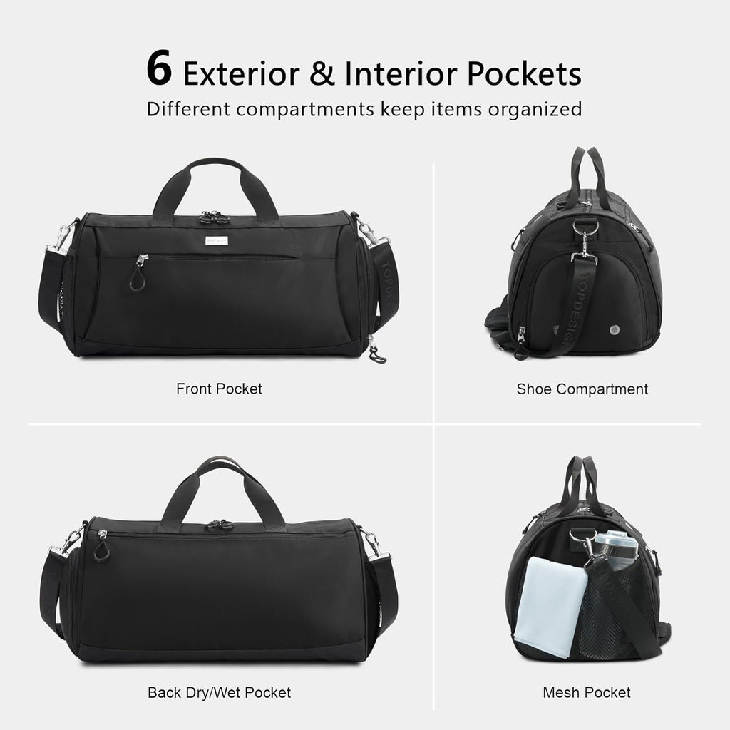 TOPDesign Gym Bag - Unisex Duffel with Shoe Compartment & Wet Pocket for Travel | Large Black