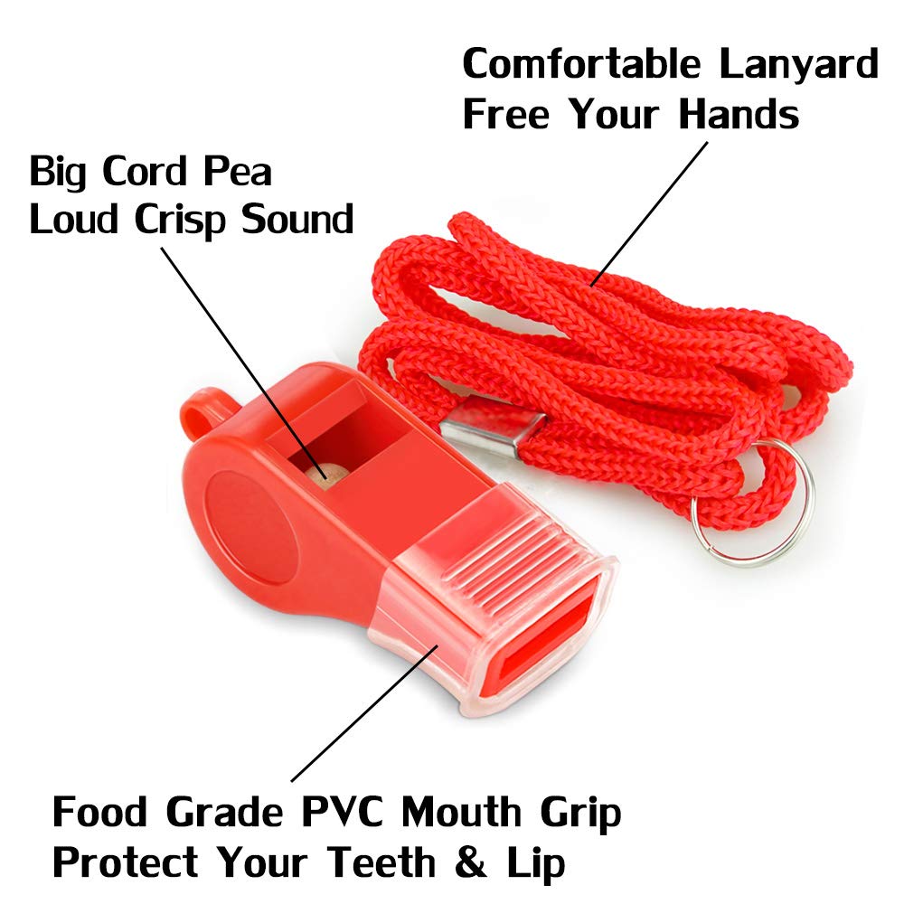 Hipat Red Emergency Whistles with Lanyard & Mouth Grip, Loud Crisp Sound, Plastic Whistle Ideal for Lifeguard, Self-Defense and Emergency