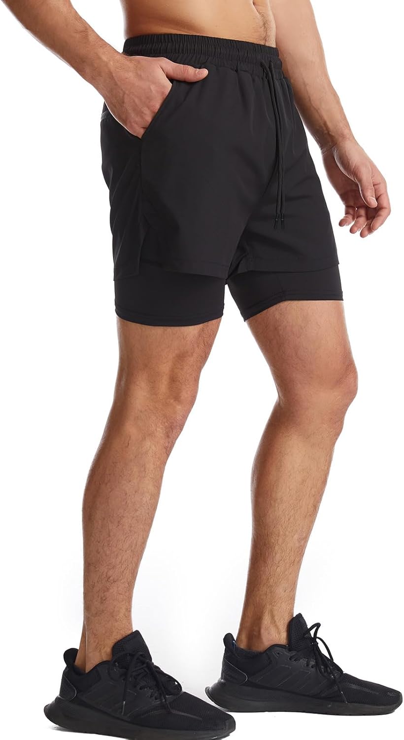 Surenow Men's 2-in-1 Running Shorts - Quick Dry Athletic Shorts with Zip Pockets & Towel Loop
