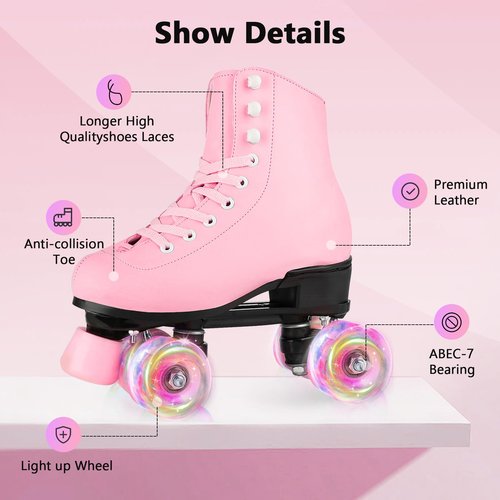HALOSK Outdoor Roller Skates for Women Girls Boys and Youth, Pink Derby Quad Rollerskates with Light up Wheels, High-top Leather Suitable for Indoor Outdoor Size US 8