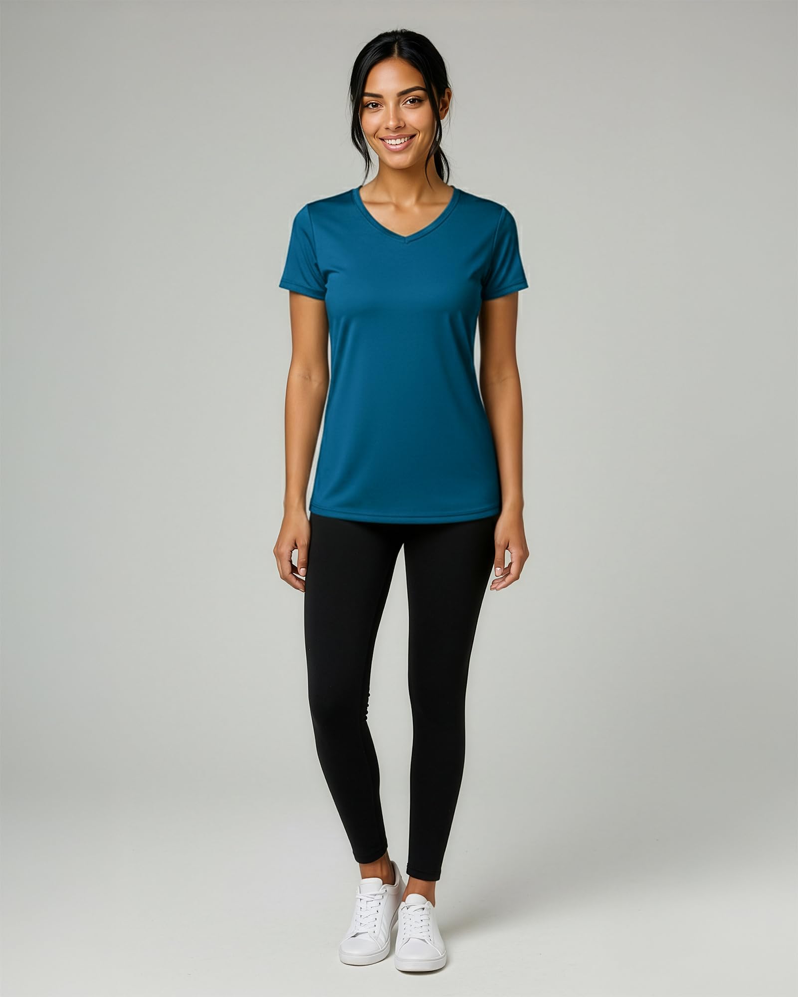 Real Essentials 5 Pack: Women's Dry-Fit Short Sleeve V Neck T Shirt Workout Fitness Yoga Top Tee, Set 13, M