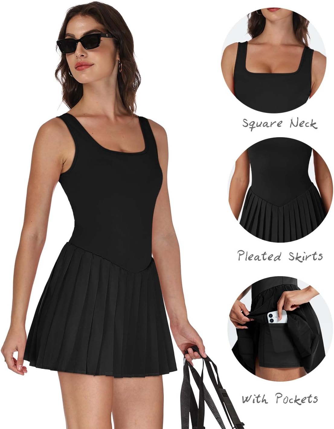Skiennix Athletic Dress for Women - U Neck Tennis Dress with Built-In Shorts & Pockets, Sleeveless