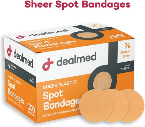 Dealmed Sheer Plastic Spot Bandages - Small Round Sterile Strips, Latex-Free Wound Care, 100 Count