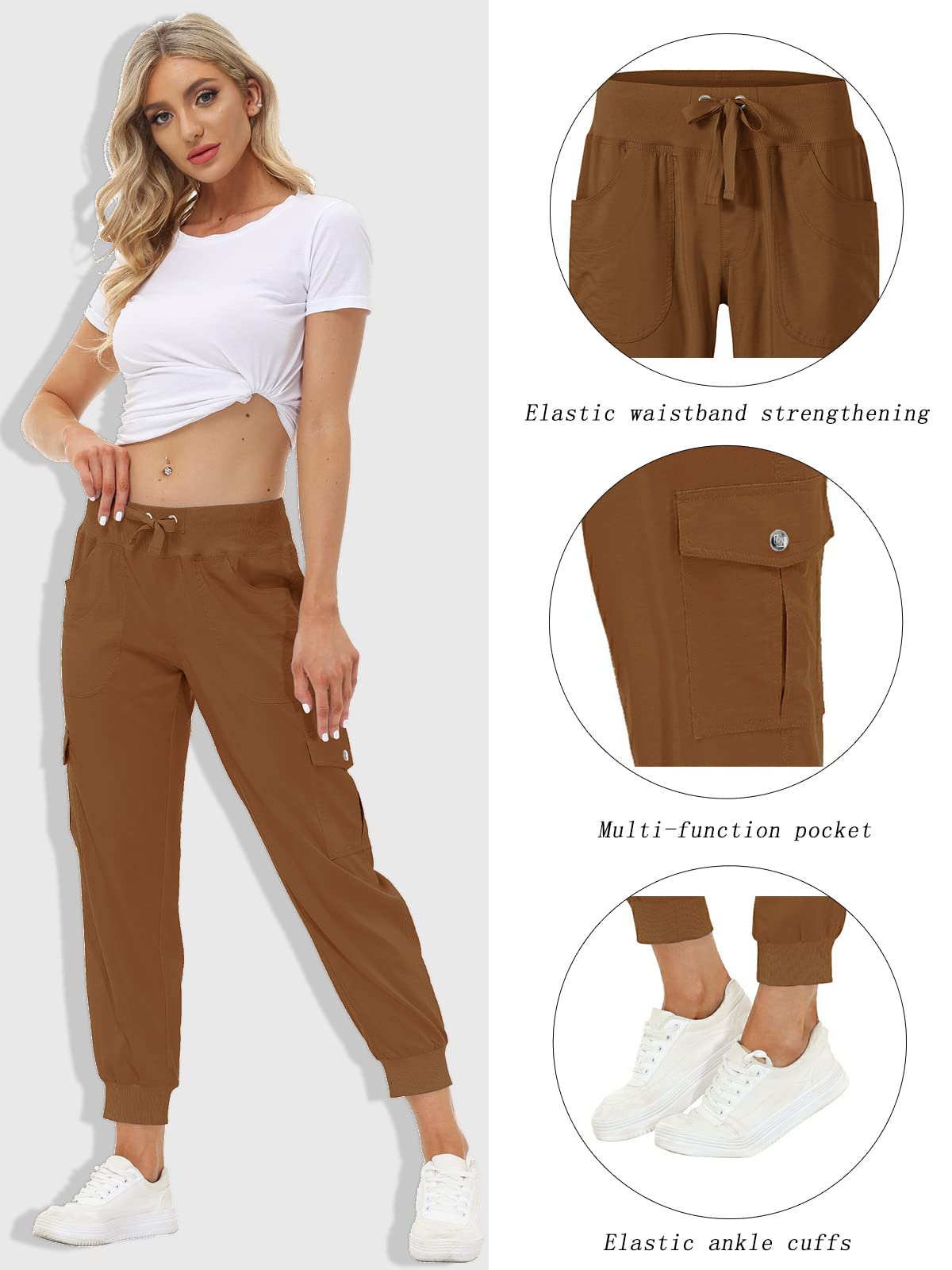 MoFiz Womens Lightweight Quick Dry Cargo Pants Outdoor Summer Travel Casual Sports Hiking Jogger Sweatpants Button Pockets Earthy Yellow 3XL