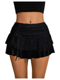 Verdusa Women's Y2k Lace Ruffle Mini Skirt Mesh High Waist Layered Skirt Skort Boho Outfits Micro Shorts Black X-Large