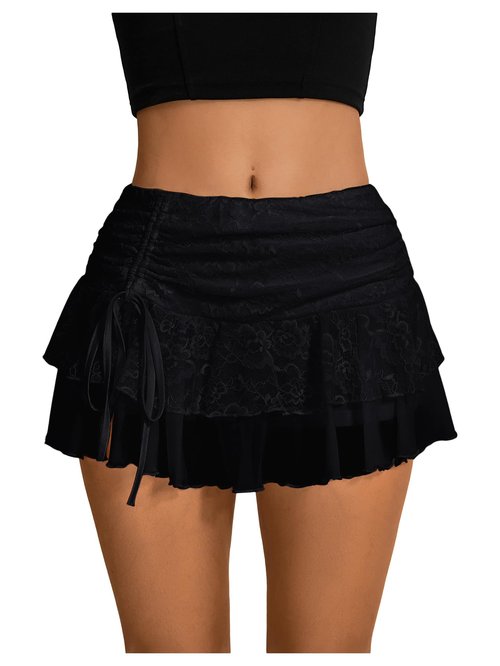 Verdusa Women's Y2k Lace Ruffle Mini Skirt Mesh High Waist Layered Skirt Skort Boho Outfits Micro Shorts Black X-Large