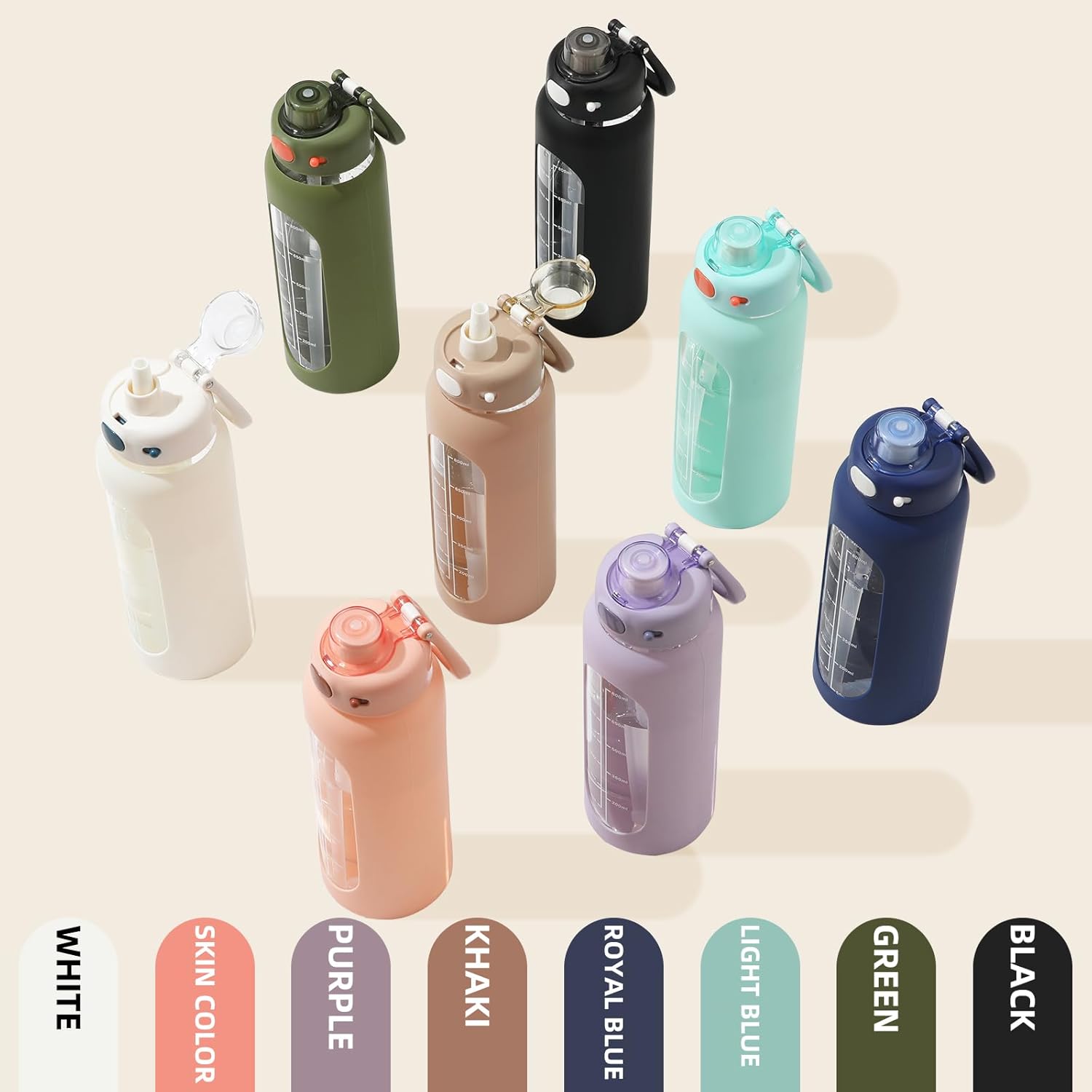 SIEROZUR 32 oz Glass Water Bottle - Durable with Straw, Handle & Silicone Sleeve | Time Marker for Gym & Travel
