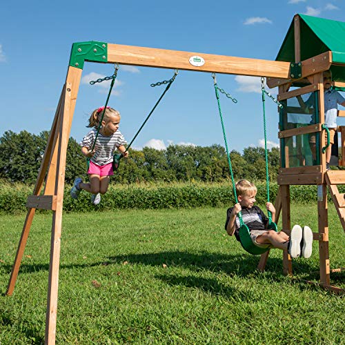 Green Backyard Discovery Buckley Hill Cedar Wood Swing Set with Wave Slide & Play Deck