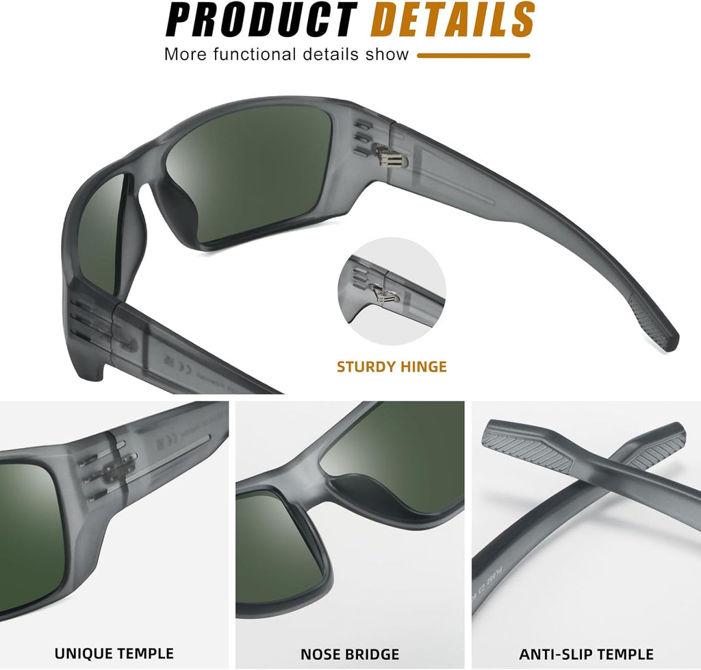 POLARKING Polarized Sports Sunglasses - UV400 Protection, Square Frame for Cycling & Fishing
