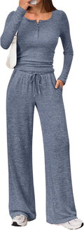 Trendy Queen Women's 2-Piece Lounge Set - Cozy Henley Neck Sweater & Wide Leg Pants Outfit