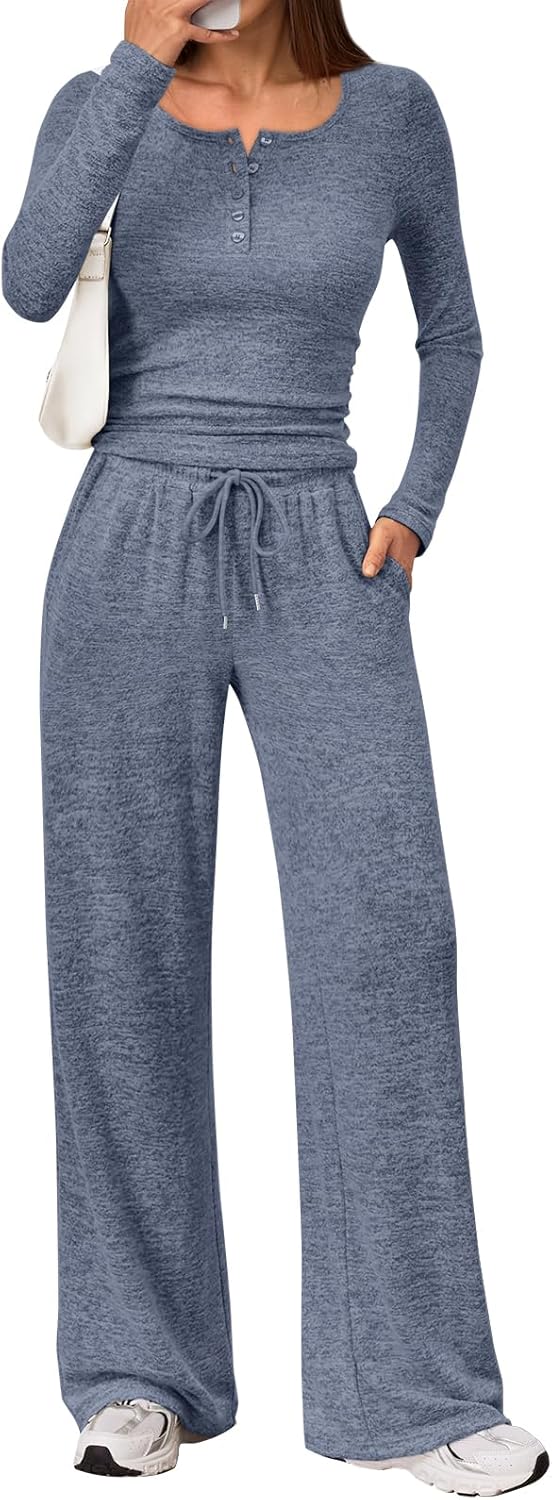 Trendy Queen Women's 2-Piece Lounge Set - Cozy Henley Neck Sweater & Wide Leg Pants Outfit