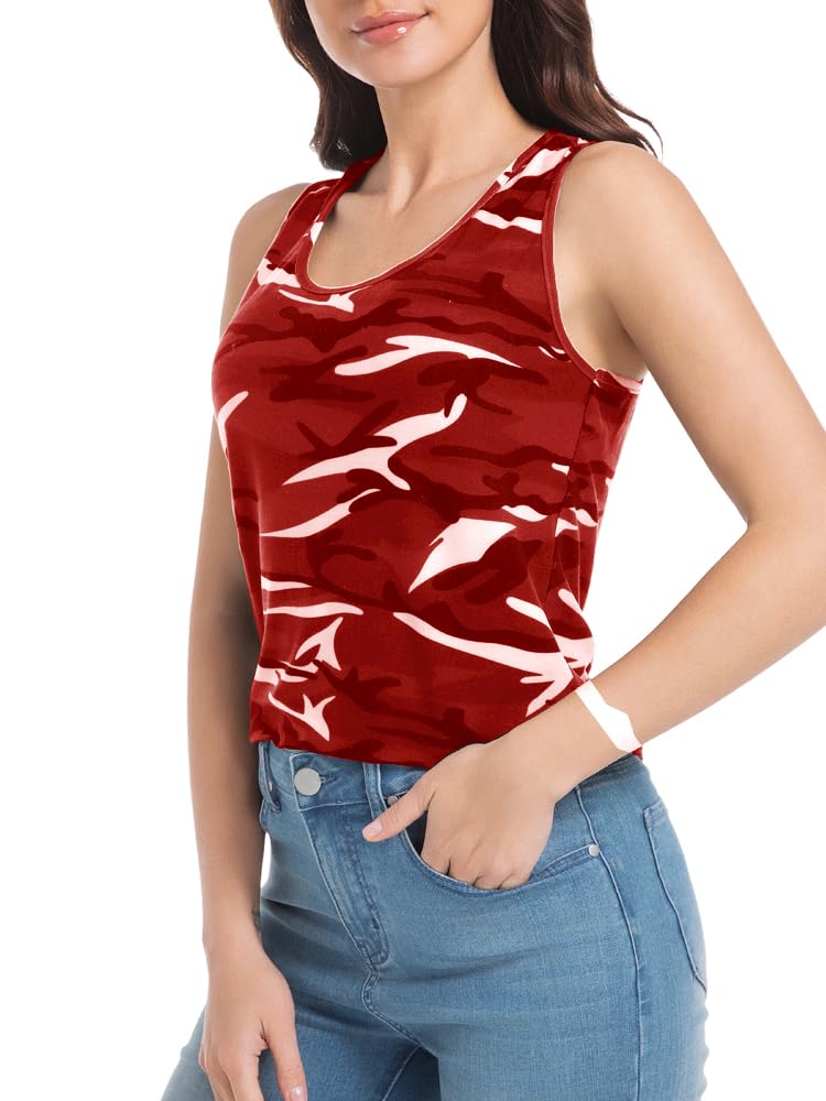 Women Racerback Camo Tank Shirts Cool Lightweight Tops Fabric Sport T Shirts Ladies Workout Tops for Walking Cycling Red Camo S